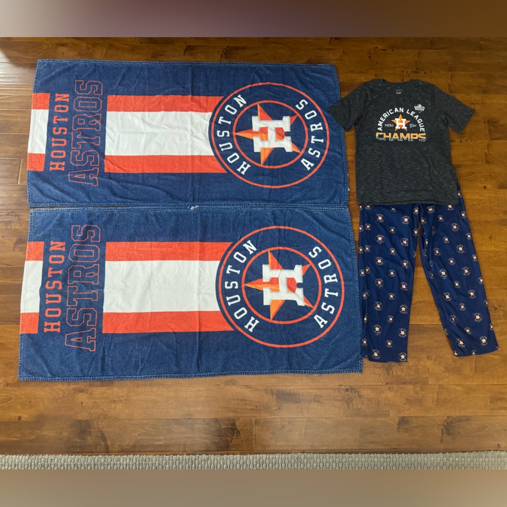 Boys Houston Astros XL t-shirt, large pajama pants & 2 beach towels